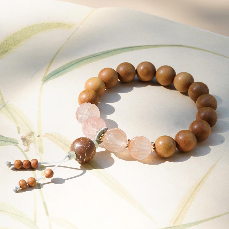Gold-swallowing beast, old mountain sandalwood inlaid with silver auspicious cloud bracelet, natural jade female rabbit year natal year bracelet