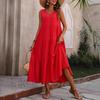 Bohemian Summer Women Sleeveless V Neck Solid Color One Piece Dress Big Hem Holiday