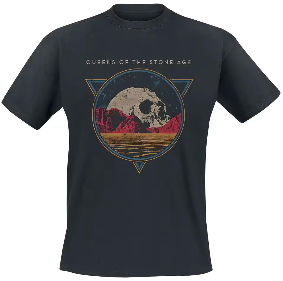 Queens of The Stone Age Skull Moon Tee, Alt Rock T-Shirt with Desert Landscape & Band Logo, Band Fan Merch
