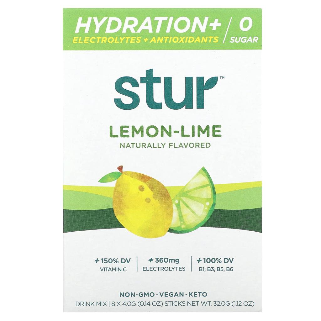 Stur Rehydration + Electrolyte + Antioxidant Drink Mix, Lemon-Lime Flavor, 8 Sticks, 0.14 Oz (4 G) Each