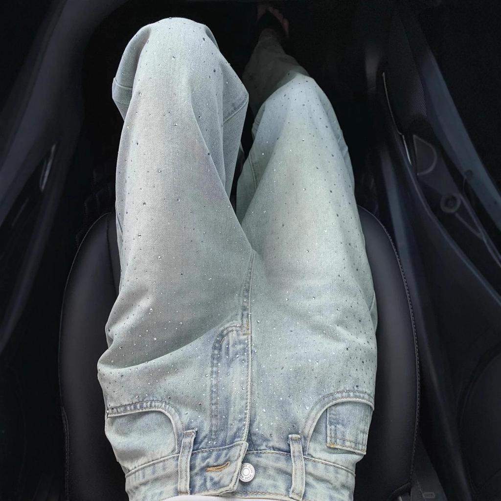 Women's Light Blue Slimming Wide-Leg Jeans with Hot Drill Design - Autumn 2025 Collection