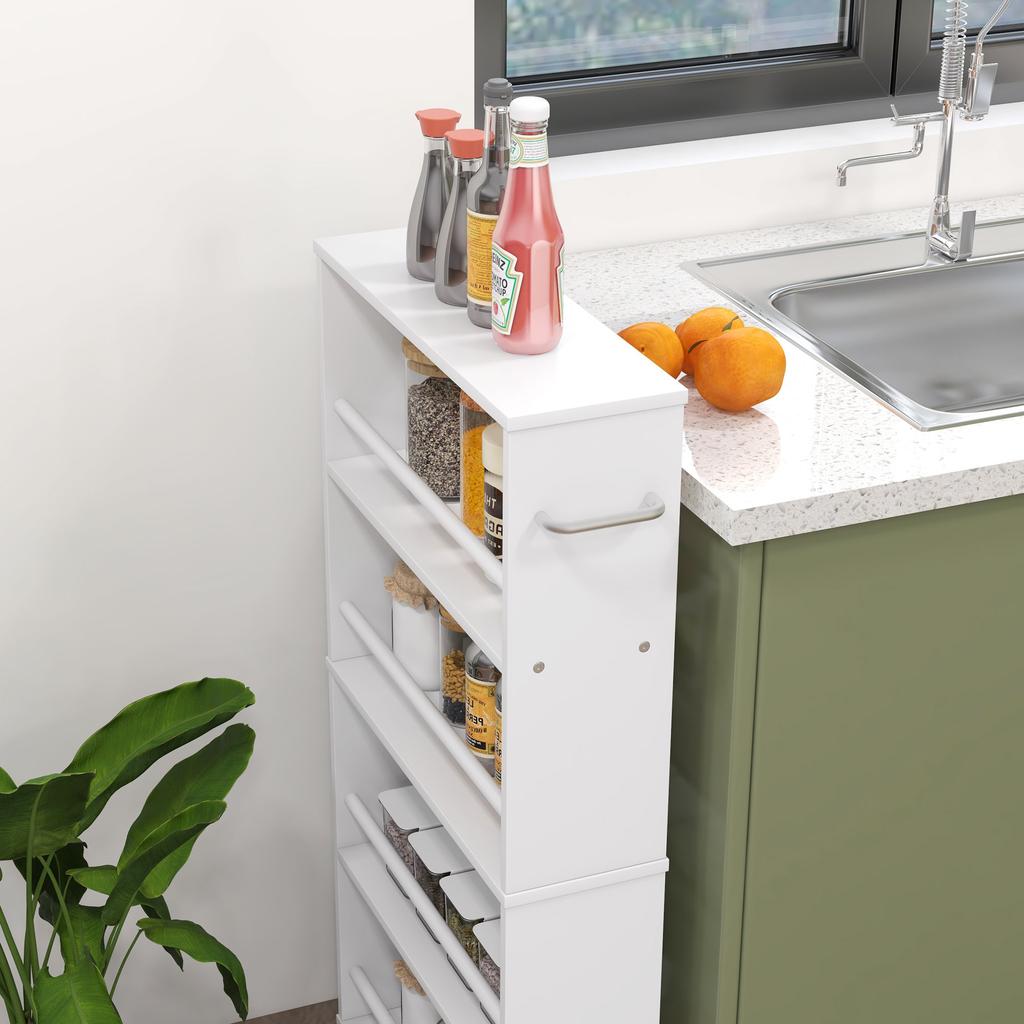 Multifunctional Shelf with Casters, Narrow Design, 4 Compartments, 45x15x91 cm, White