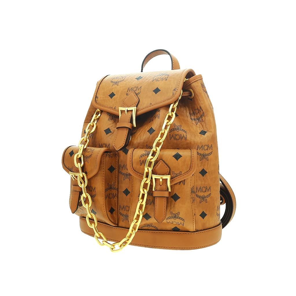 Mcm Aren Gold-Toned Brass Hardware Synthetic Leather And Cowhide Patchwork Double Shoulder Bag Mini Female Style Brown