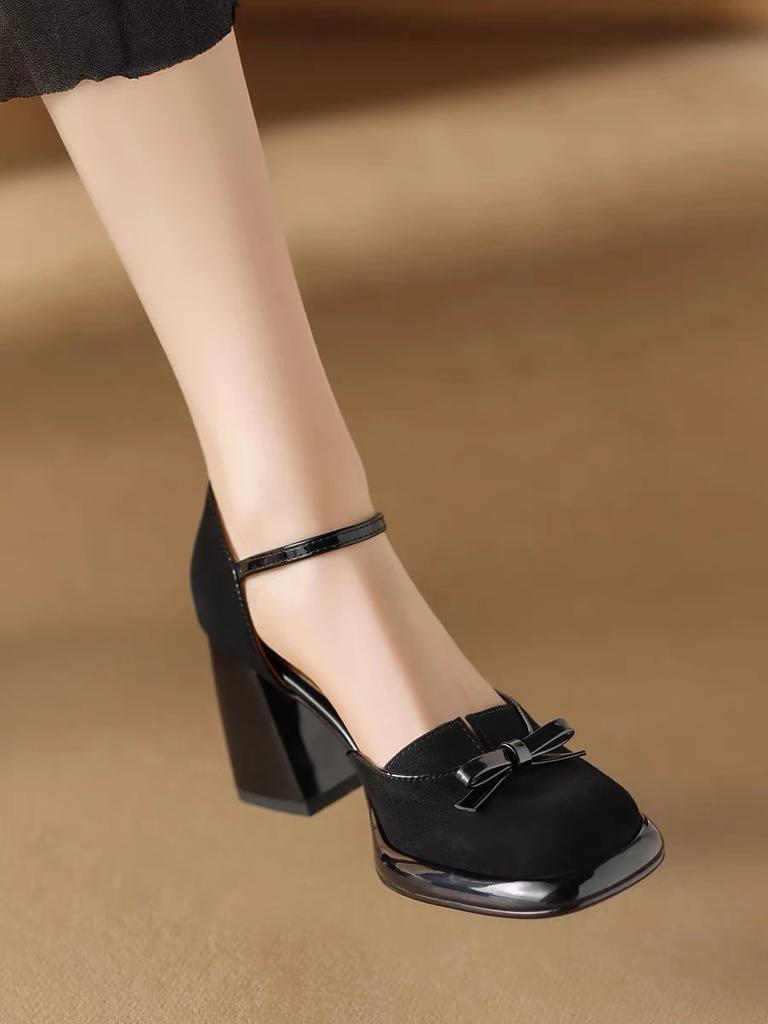 Туфли-лодочки из отшлифованной кожи с бантом на массивном каблуке, сандалии в один ряд с очень высоким каблуком и носом-булочкой для женщин, коричневые кожаные туфли-комбинации