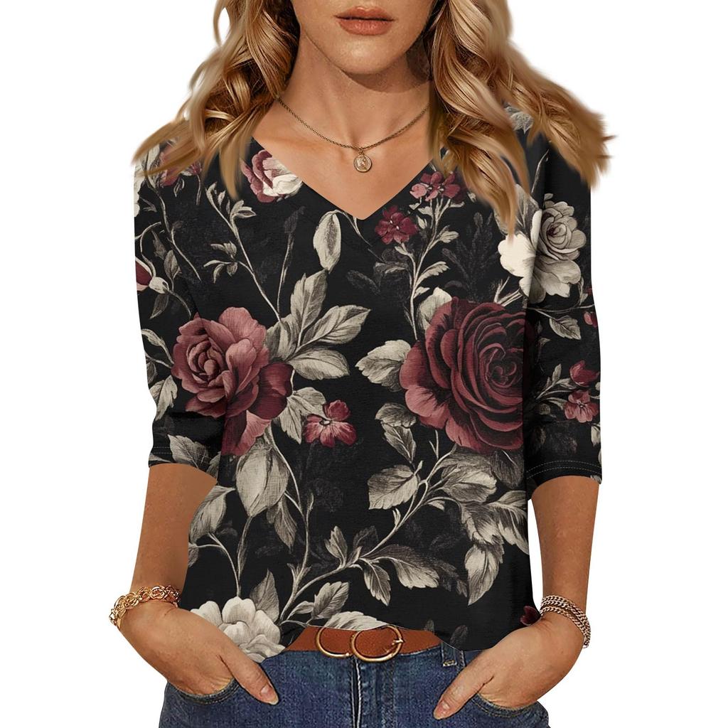 Женские топы, рубашка с рукавом три четверти, свободная повседневная рубашка с V-образным вырезом, футболка с цветочным принтом