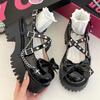 Новые черные туфли в стиле Лолита с бантом на толстой подошве для женщин Весенние женские туфли-лодочки в стиле панк с цепочкой Модные женские туфли-лоферы с пряжкой на каблуке