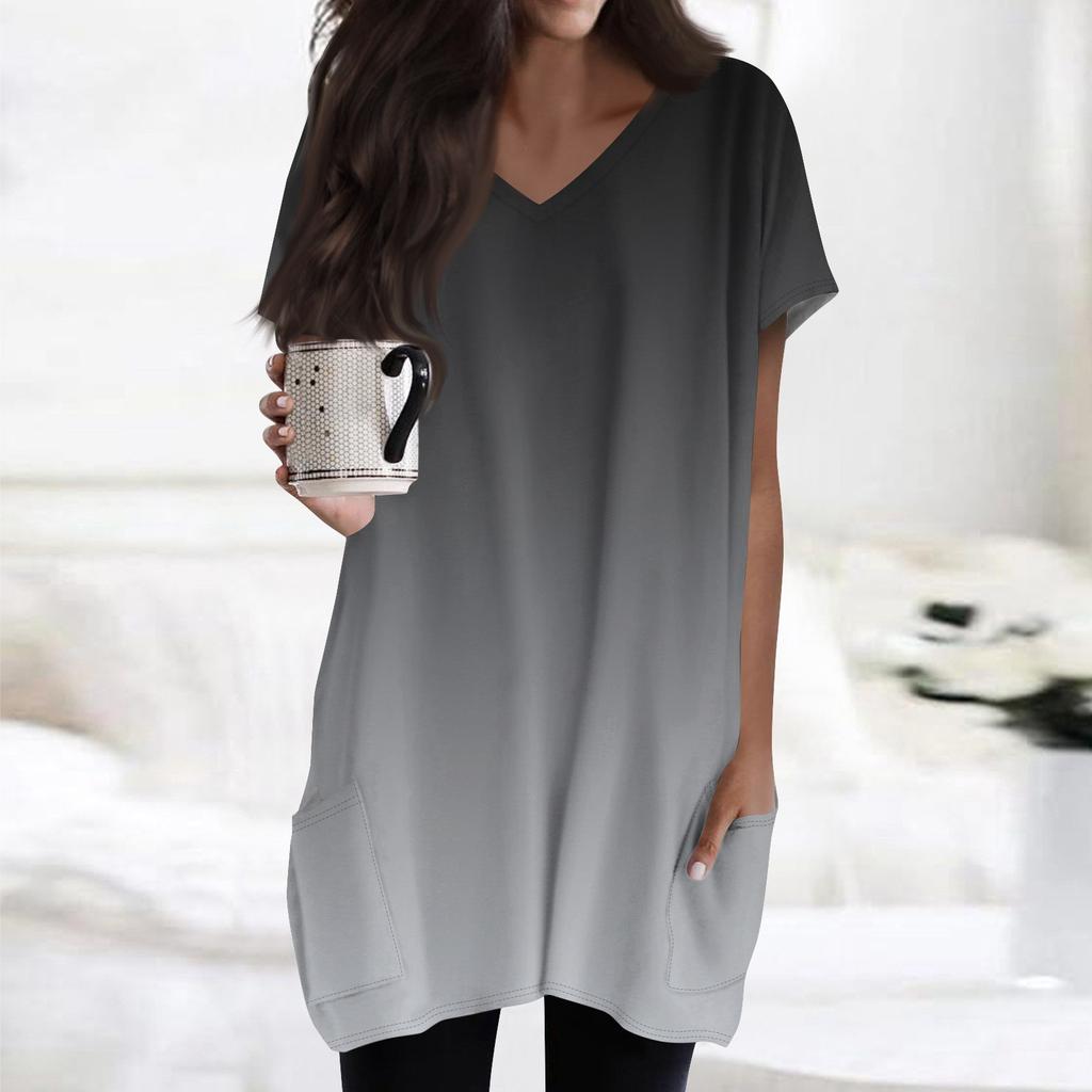 Женские топы с V-образным вырезом, блузки с коротким рукавом, повседневные рубашки средней длины, модные туники с принтом и карманами