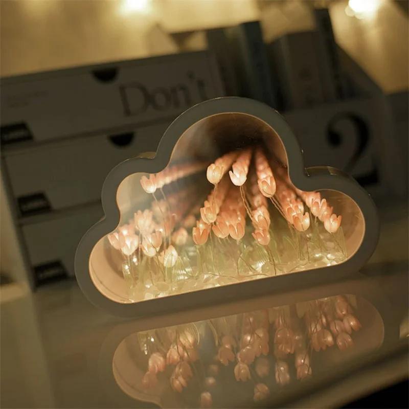 Handmade DIY Tulip Flower Sea Night Atmosphere Lamp Clouds Tulip Lamp LED Night Light Mirror Table Lamp Bedroom Decor Lights