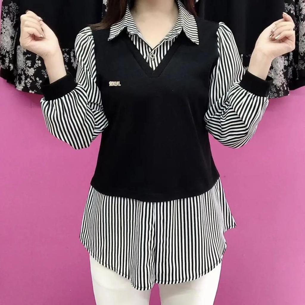 Spring New Fashionable Splicing Base Top Fake Two-piece Mother's Loose Versatile Long Sleeves