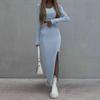 2023 Autumn/Winter Women's Solid Color Knitted Two-Piece Set: Round Neck Top & Long Sleeve Slit Skirt