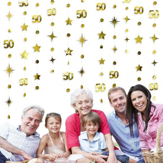 Золотые украшения на 50-летие, цифра 50, гирлянда из кружков и точек, мерцающих звезд, металлическая подвесная гирлянда, баннер-вымпел, фон для 50-летия