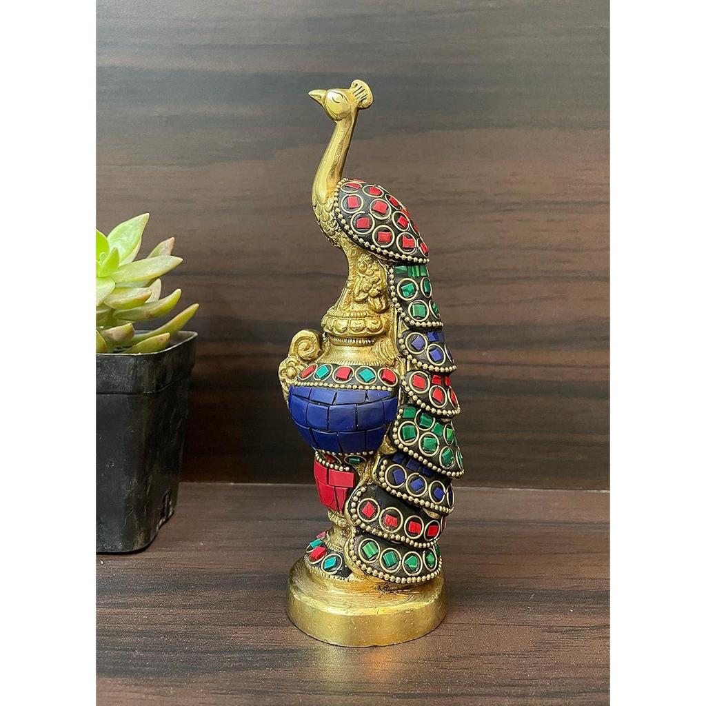 Винтажная латунная декоративная фигурка сидящего павлина с отделкой под камень разных цветов для домашнего декора, декора стола