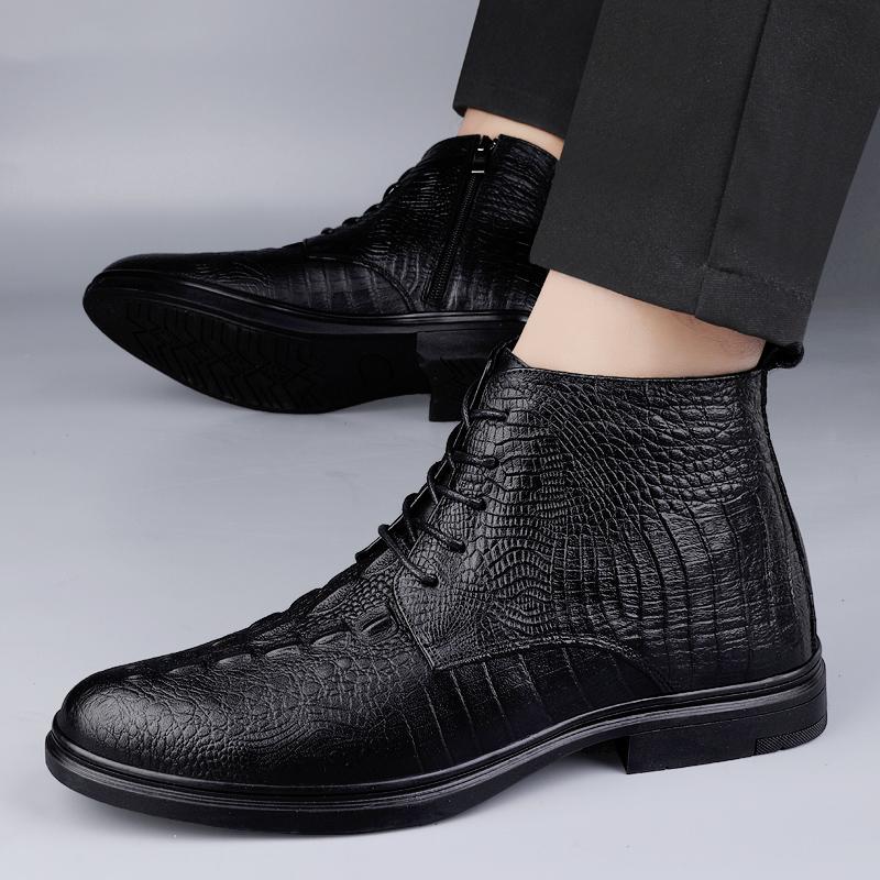 Brand Crocodile Pattern Men's Casual Shoes Luxury Man Black High Top Leather Boots Fashion Classic Men's High Top Lace Up Boots