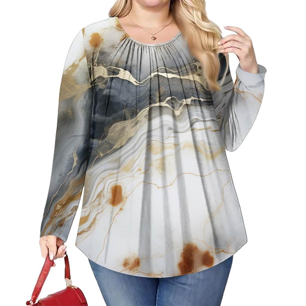 Женский модный топ большого размера с принтом, повседневный плиссированный, с круглым вырезом и длинными рукавами