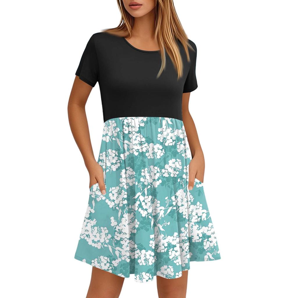 Женские модные повседневные свободные платья с круглым вырезом и коротким рукавом с принтом и карманами