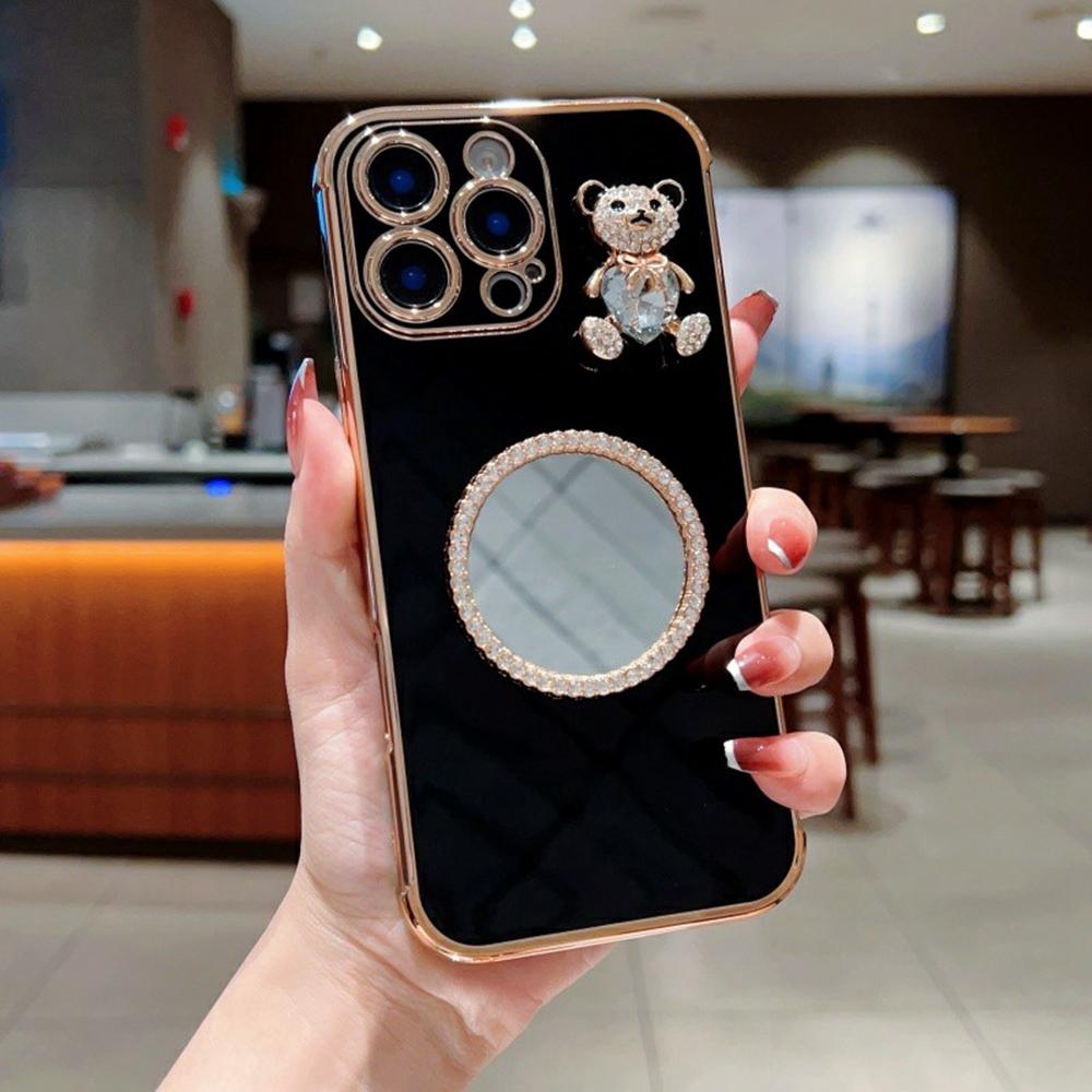 Чехол для iPhone 16 Pro с рисунком сердечек, гальванизированный ТПУ чехол для телефона с маленьким мишкой и зеркалом