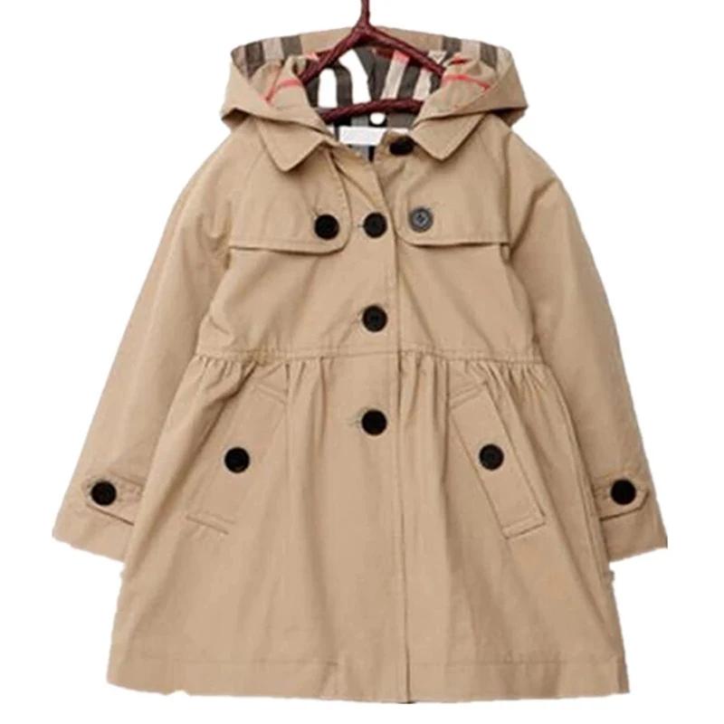 Ветровка для девочек, хлопковые куртки, верхняя одежда, осенняя детская одежда, детская мода цвета хаки с капюшоном, пальто-тренчкот для девочек