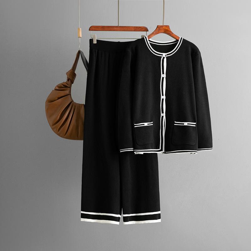 Модный комплект Женский осенне-зимний вязаный кардиган свитер повседневные брюки с широкими штанинами комплект из двух предметов