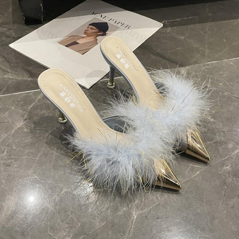 Мода Мода Остроносые Мохнатые Тонкий Каблук Полушлепанцы для Женщин 2025 Осень Удобные Универсальные Элегантные Повседневные Высокий Каблук Шлепанцы