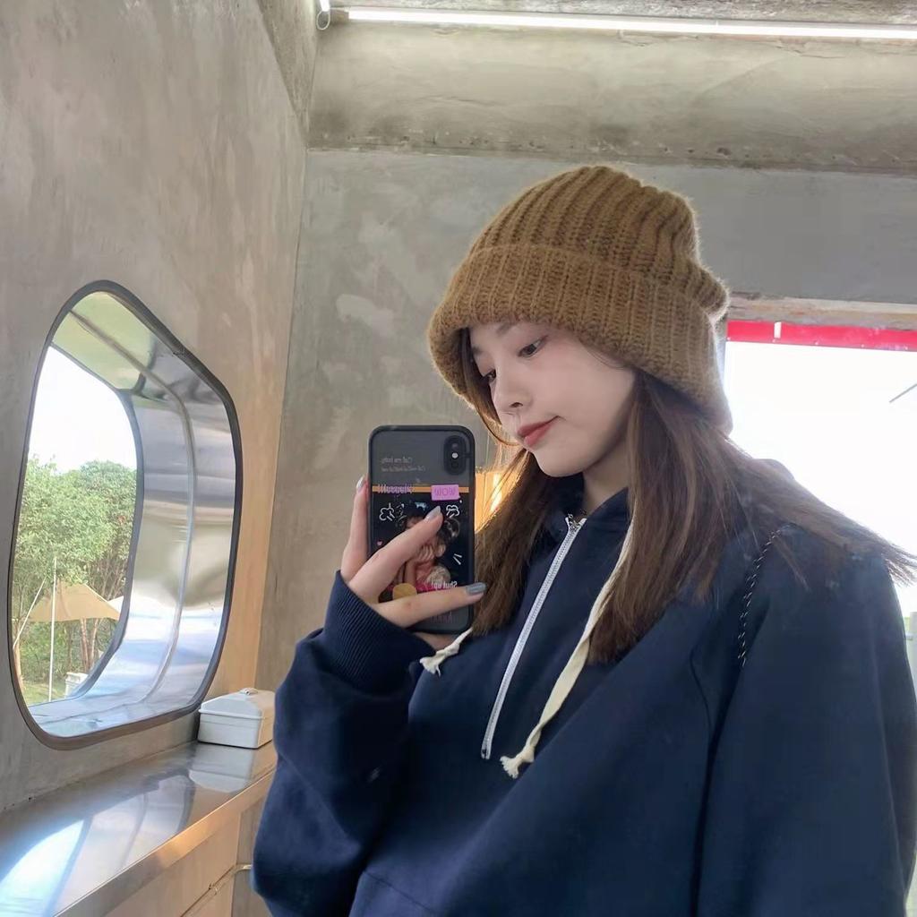 Hat Winter New Knitted Wool Hat Female Japanese Autumn and Winter Ear Protection Warm Pile of Hats Solid Color Caps for Women