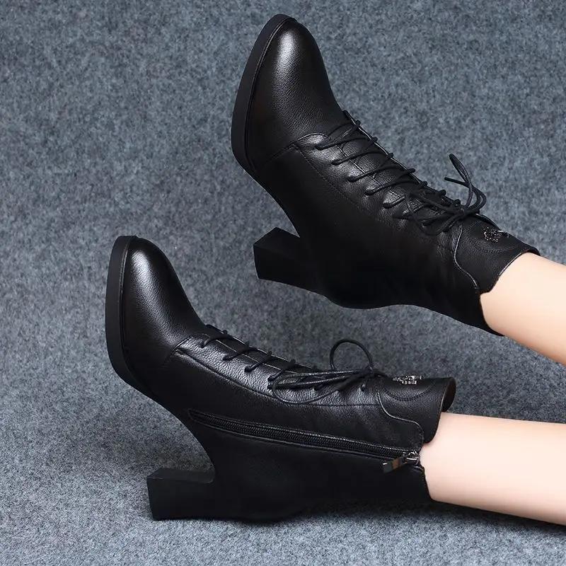Модные туфли до середины голени женские кожаные туфли с круглым носком на шнуровке черные туфли на высоком каблуке элегантные туфли на каблуке со шнуровкой женские полусапожки по акции Y2k Hot
