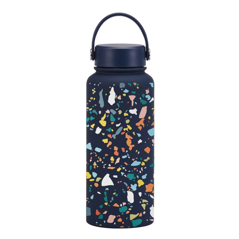 2025 New Model 1L Large Capacity Thermos Cup with Wide Mouth, Portable Handle, Sports Water Bottle, Outdoor Printed Water Cup for Women