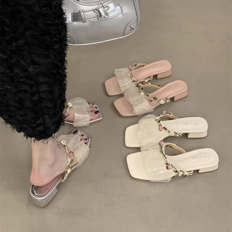 Fashion Shoes Slippers Casual Square Heel Pink Slides Slipers Women Luxury Block Summer 2025 Scandals Toe Shoes Ladies' Slippers Pink Sl