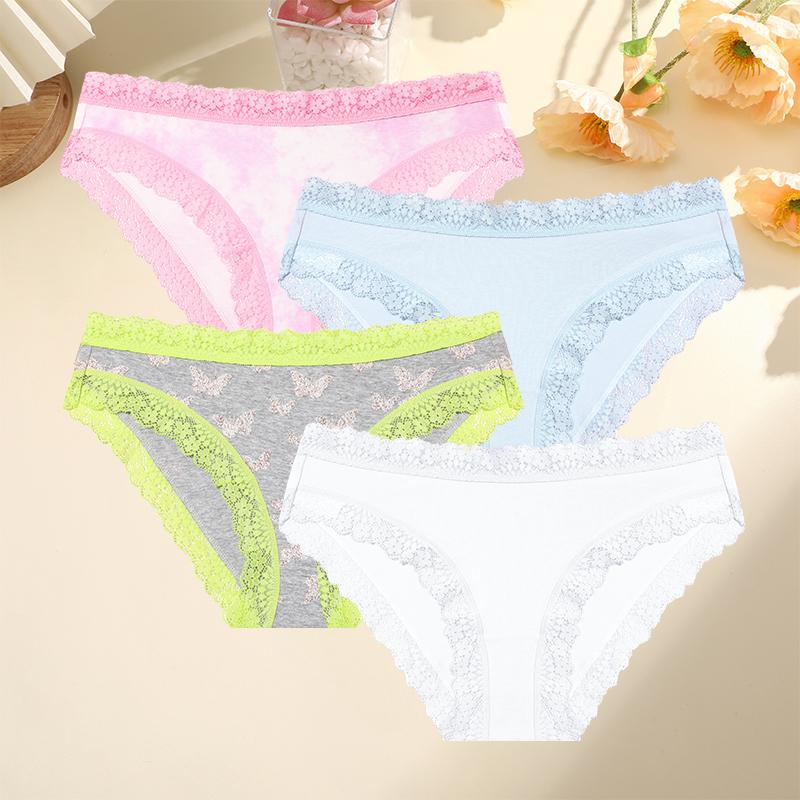 4PCS Women Cotton Printing Panties Seamless Lace Panties Low Rise Female Underwear Comfortable Sexy Lingerie Intimates Panties