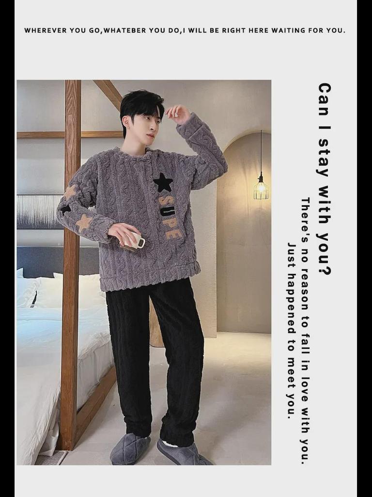 2023 Мужская пижама из кораллового флиса: Осенне-зимний комплект домашней одежды из плотной фланели с круглым вырезом, свободный, в корейском стиле