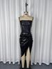 2025 Chic European & American PU Leather Spaghetti Strap Ruched Waist Slit Dress