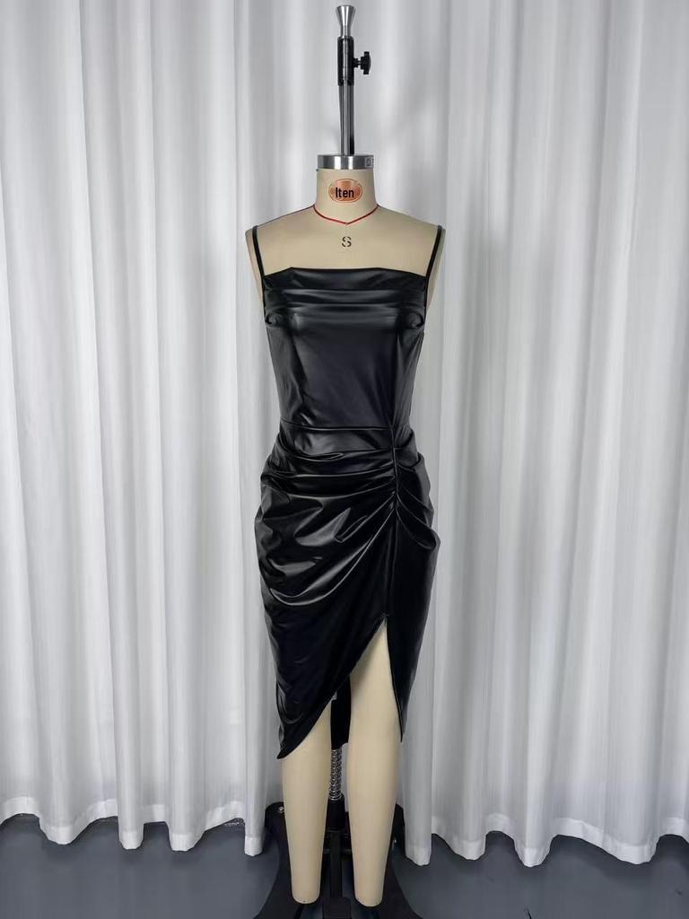 2025 Chic European & American PU Leather Spaghetti Strap Ruched Waist Slit Dress