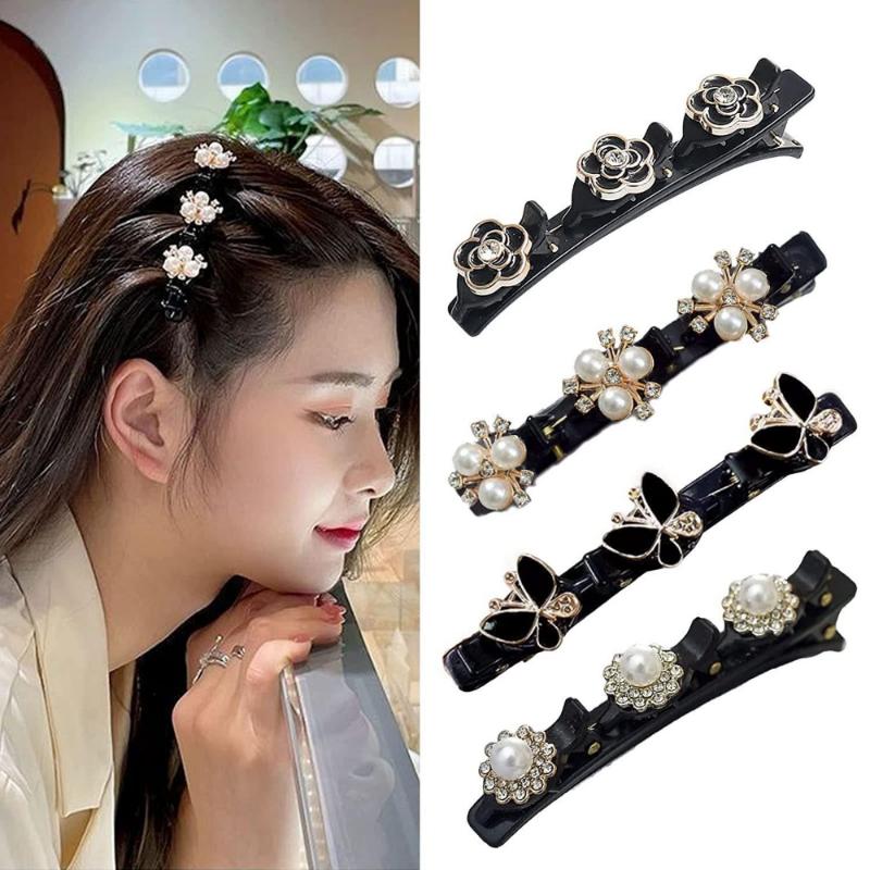 4pcs Sparkling Crystal Stone Braided Hair Clips Women Satin Fabric Hair Clips,Rsvelte Braided Hair Clip with 3 Small Clips, Multi Clip Hair Barrette