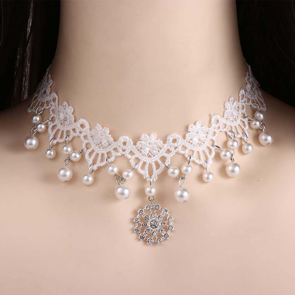 Fashion New Lady Gothic Jewelry Gift Lace Multilayer Collar White Beads Choker Necklace