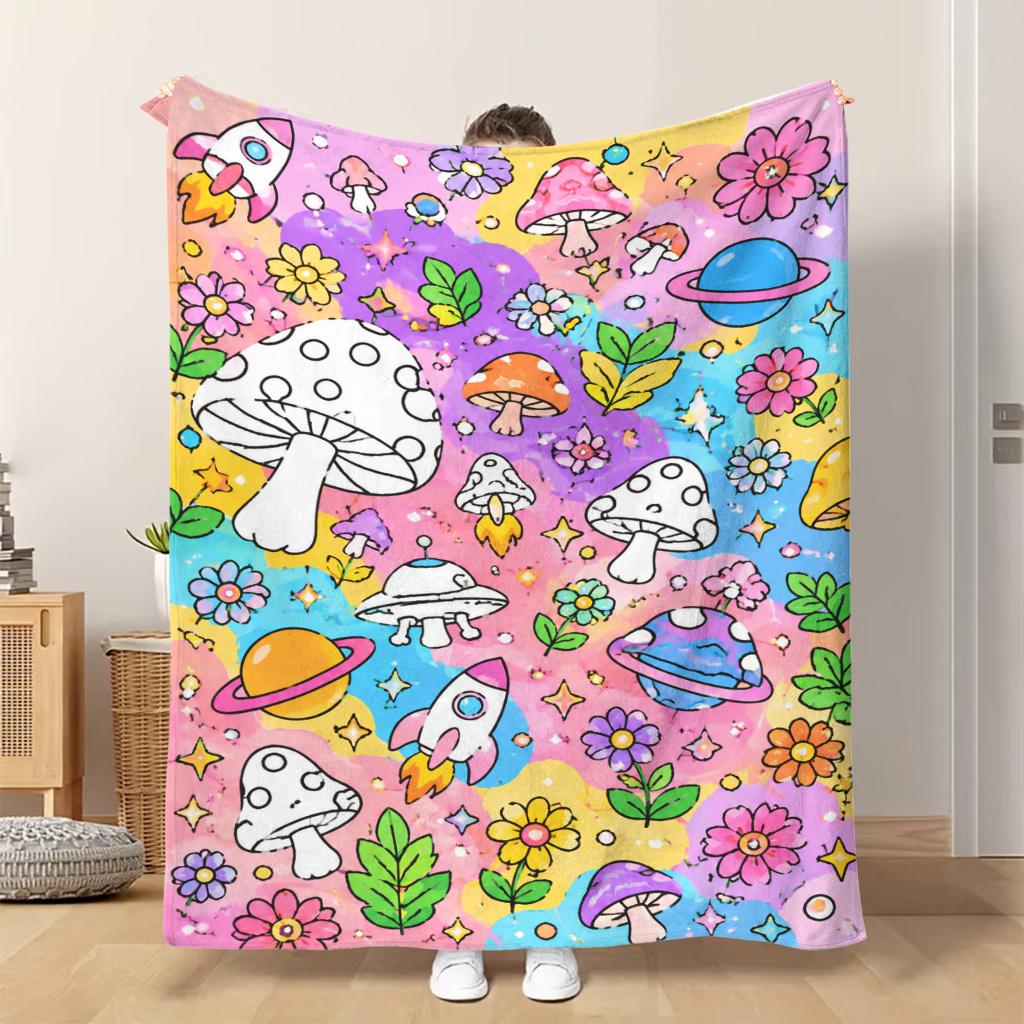1pc Flannel Blanket Colorful Mushrooms And Planets That Lightweight Soft Comfortable and Warm Shawl/nap Blanket/sofa Blanket Is Su