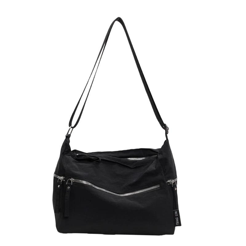 Monochromatic Decorative Nylon Shoulder Bag for Women with Zipper Casual Crossbody Bag