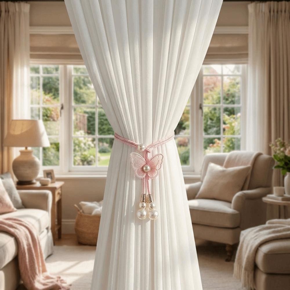 2PCS Adjustable Butterfly Curtain Tiebacks Curtain Holder Decorative Pearl Curtain Buckle Artificial Pearl Curtains Tie Rope