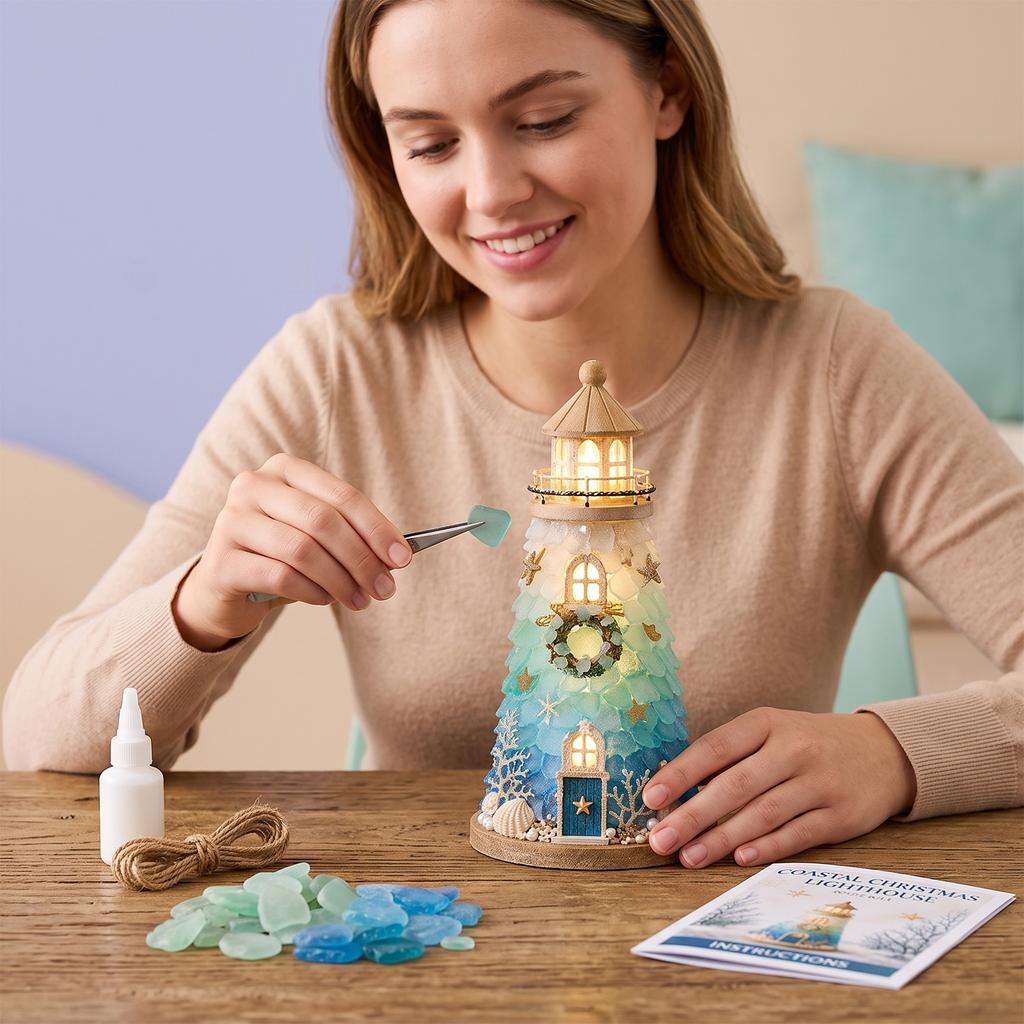 DIY Luminous Blue Sea Glass Style Lighthouse Garland Kit Complete Accessories Easy to Operate Christmas Series