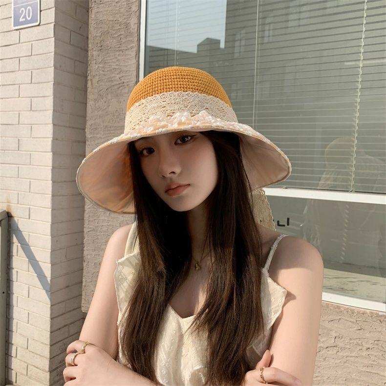 Lace bucket hat women's high value big eaves thermal insulation beach park travel hat sun protection sun hat versatile