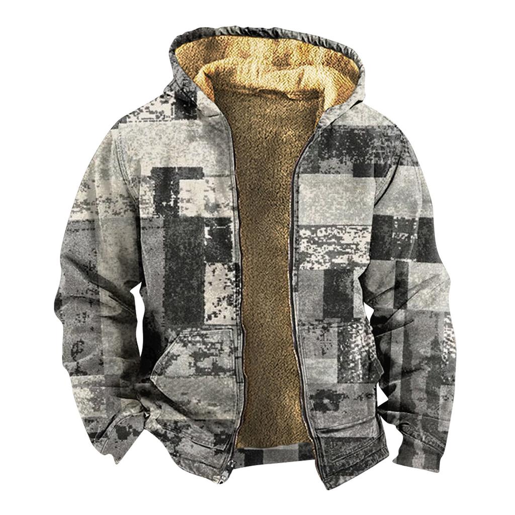 Men's Personalized Casual Printing Long Sleeve Zipper Sweater Thick Cotton Suit Winter