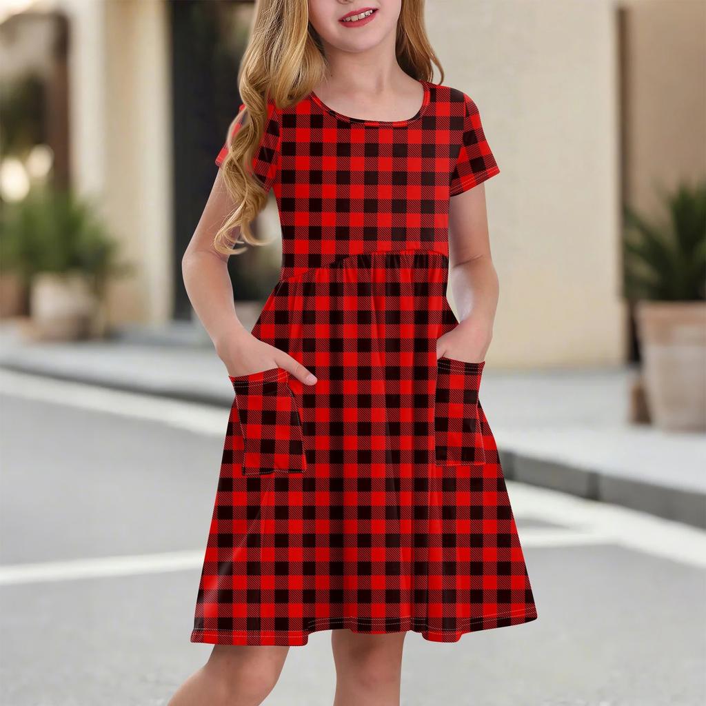 Детская юбка с круглым вырезом и коротким рукавом, платье принцессы, модное повседневное платье с карманами для девочек