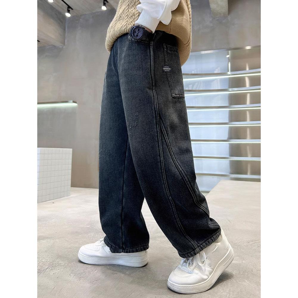 Boys Denim Pants Solid Elastic Wiast Trousers Children Jeans Loose Wide-leg Pants Teenager Casual Straight Trousers