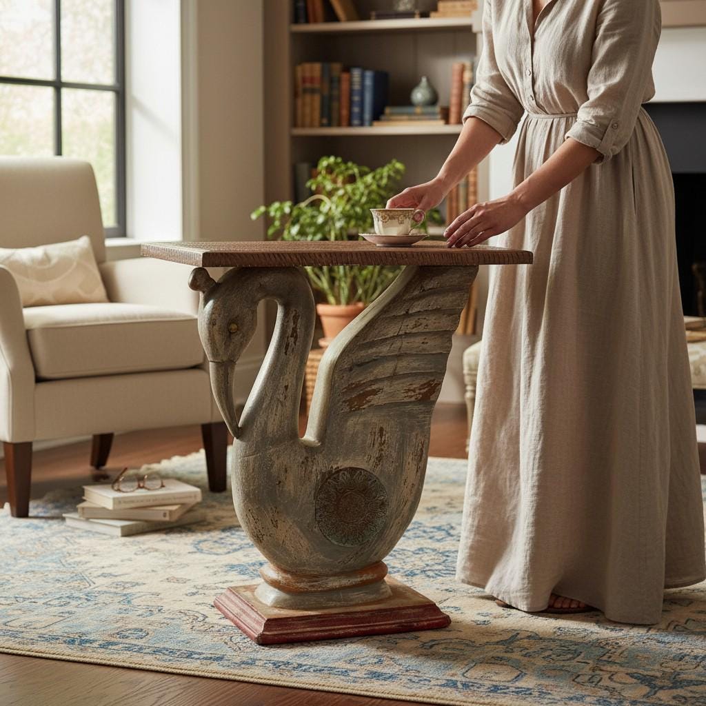 Handicrafted Swan Design Wooden Side Table | Carved Bird Accent Table with Textured Top | Artisan Furniture Piece, Coffee Table Art Decor