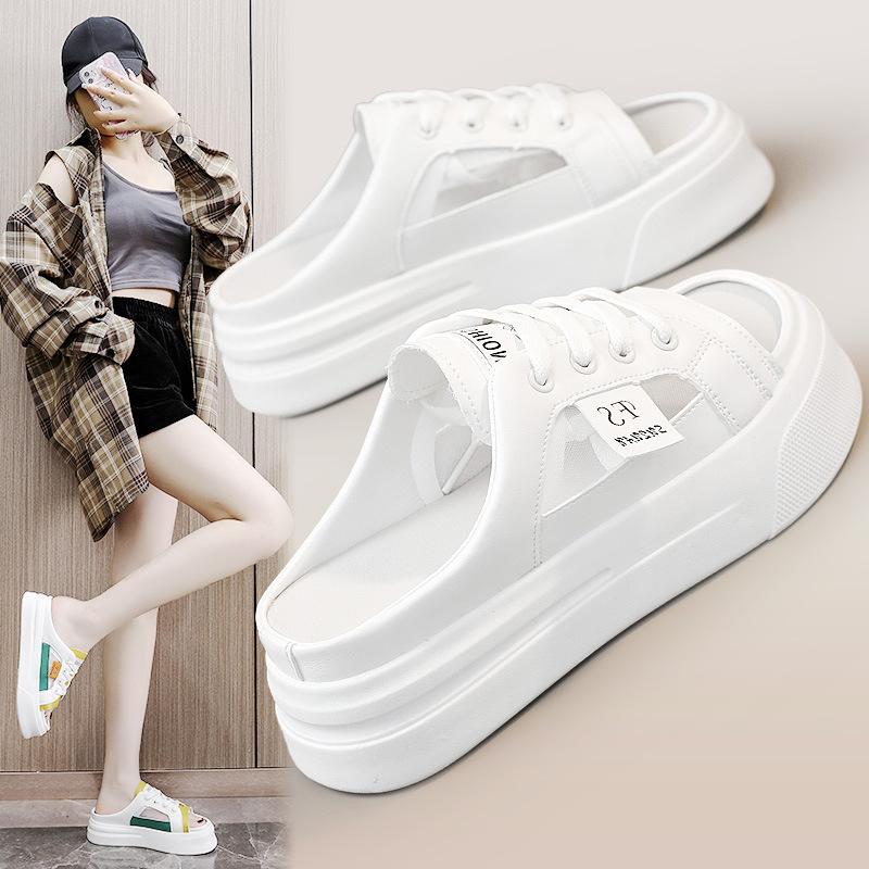 K8707 New Mesh Half Drag Summer Tide Hollow Breathable Thick Sole Heightening Casual Slippers Sandals Board Shoes