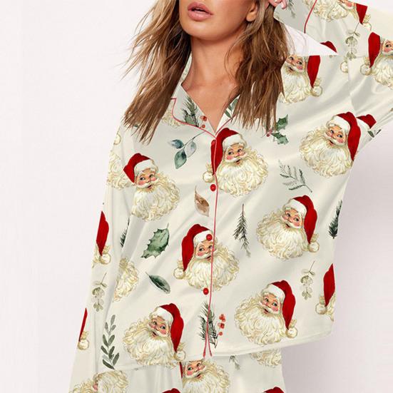 2 Pcs/Set Christmas Women Pajamas Suit Satin Santa Printing Lapel Long Sleeve Top Wide Leg Pants Sleepwear Casual Home Wear Clothes