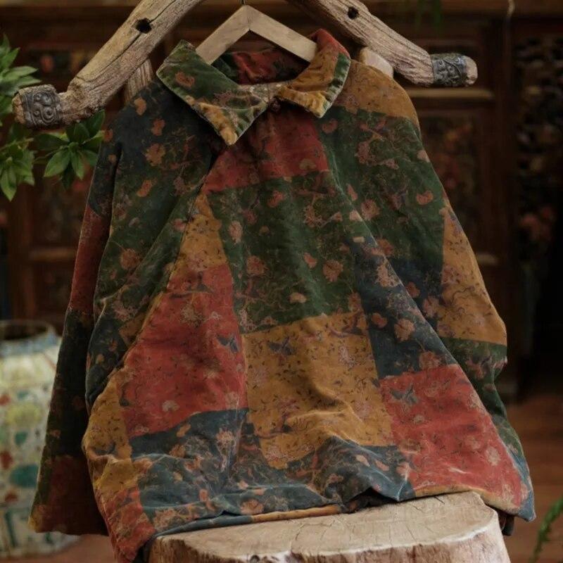 Johnature Women Vintage Print Floral Pullover Parkas Turn-down Collar Long Sleeve Winter Coats Warm Loose Parkas