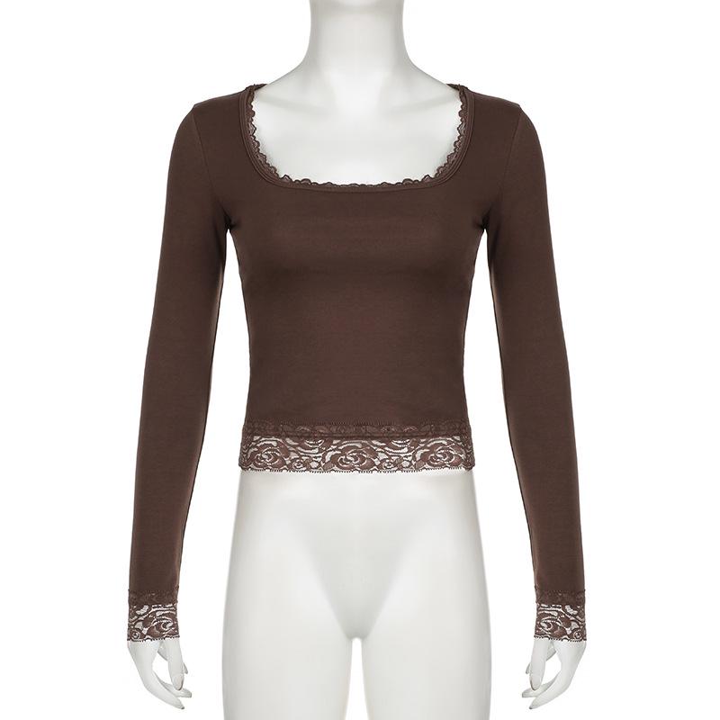 Sexy U-Neck Lace Bow Slim Fit Long Sleeve Y2K T-Shirt for Spring & Autumn