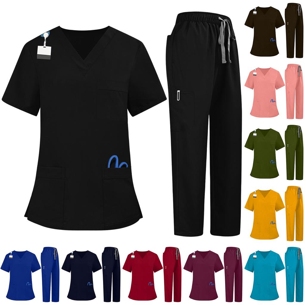Рабочий костюм Soild Scrub для женщин с V-образным вырезом и коротким рукавом, забавные футболки, рабочая одежда, футболка с карманами