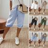 Women Pants Loose Drawstring Elastic Waist Casual Solid Color Pocket Design Knee Length Pants for Daily Wear Sport Beach