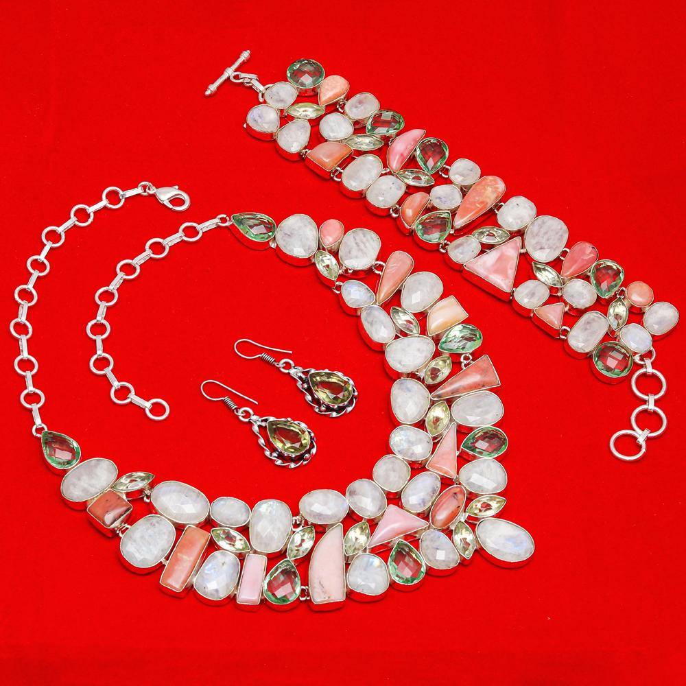 Комплект украшений из радужного лунного камня и розового опала 16-18 дюймов
