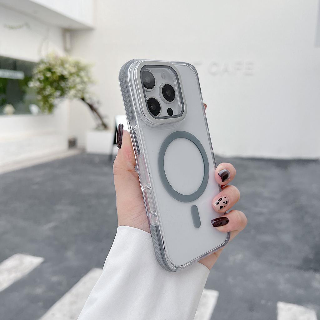 Магнитный чехол для iPhone 16 Pro, прозрачная задняя крышка из ТПУ и акрила с защитой объектива и подставкой